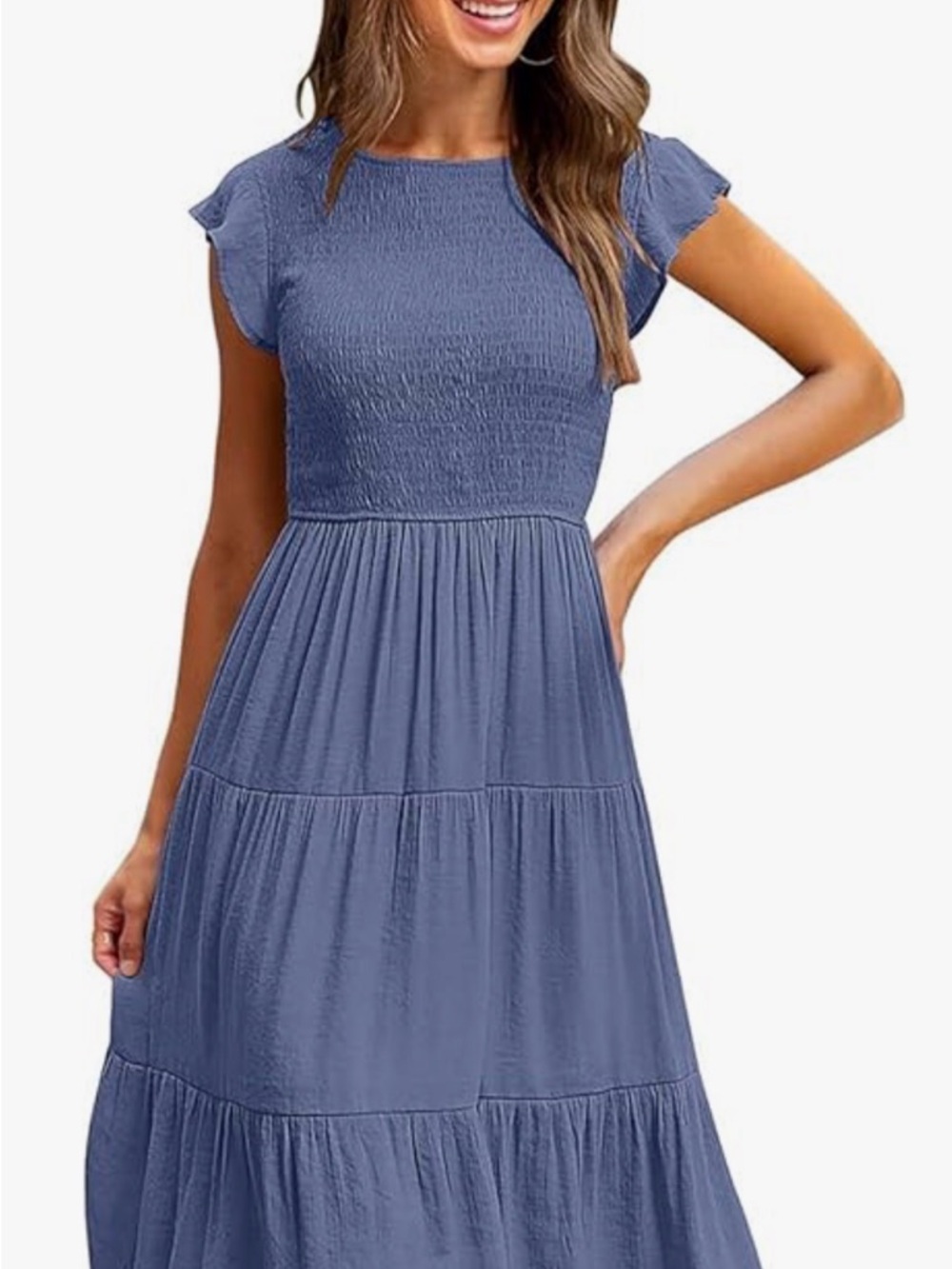 Smocked Flutter-Slee Maxi Dress in Indigo Blue